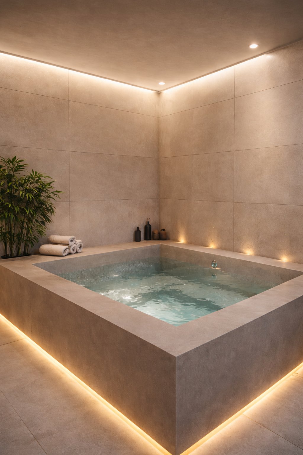 Spa en pierre beige avec éclairage LED
